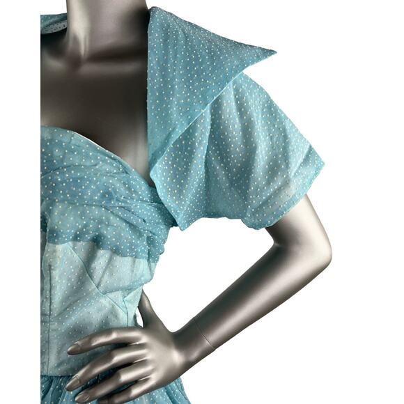 Vintage 1950s Baby Blue Strapless Gown with White Swiss Dots Bolero Shrug Small - Picture 4 of 7
